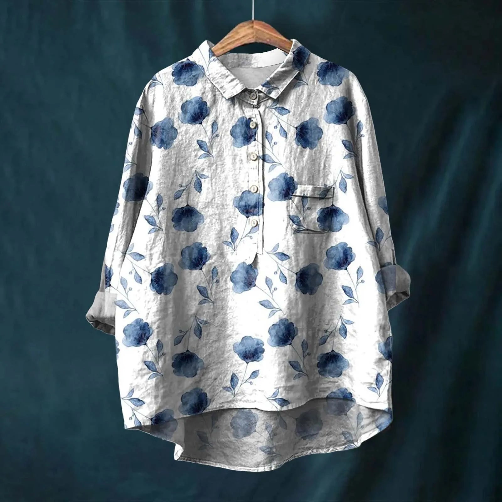 Floral Print Button-Down Blouse with High-Low Hem