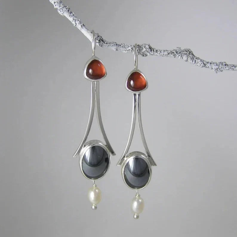 Silver-Tone Tri-Stone Pearl Drop Earrings