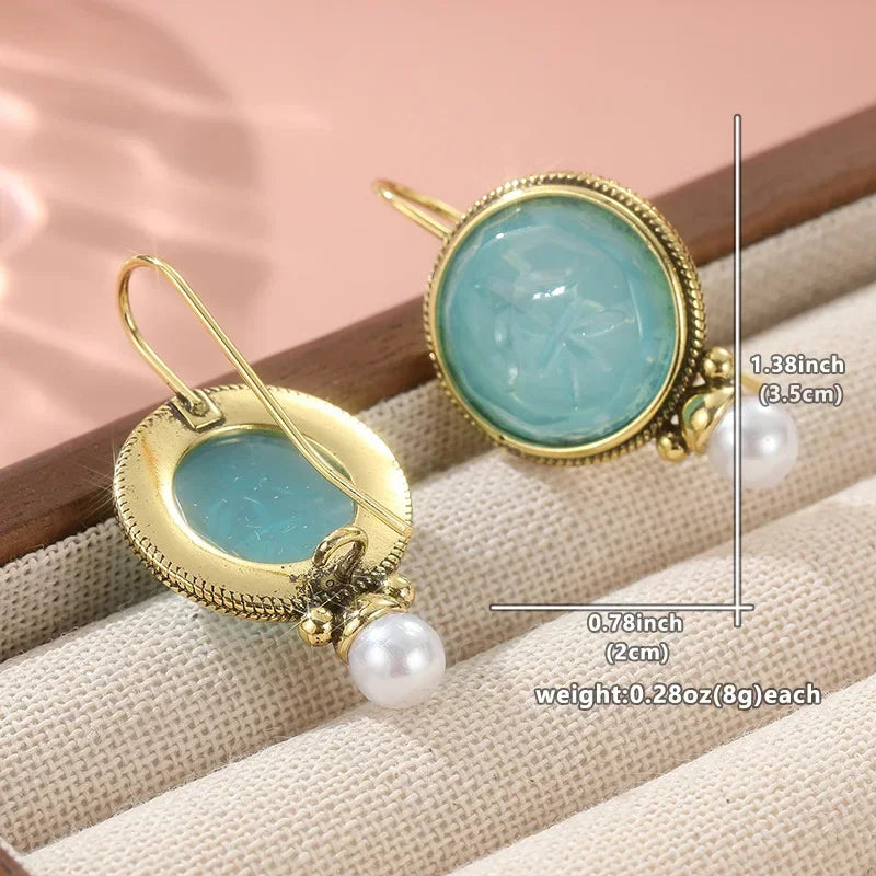 Aqua Carved Stone and Pearl Drop Earrings