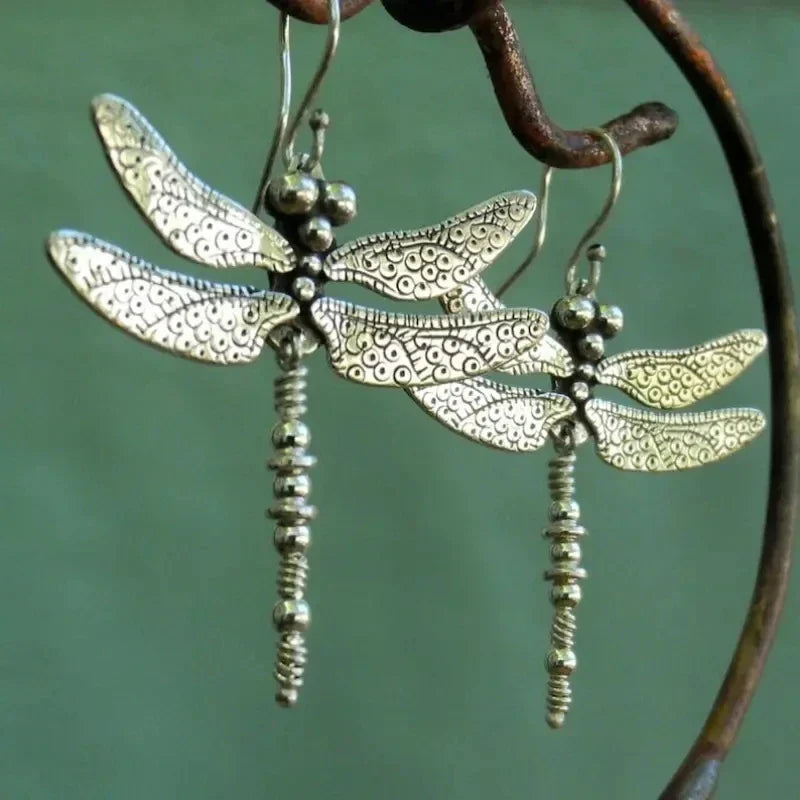 Vintage-Style Silver-Tone Carved Dragonfly Earrings