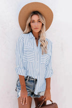 Striped Button-Front Blouse with Chest Pockets