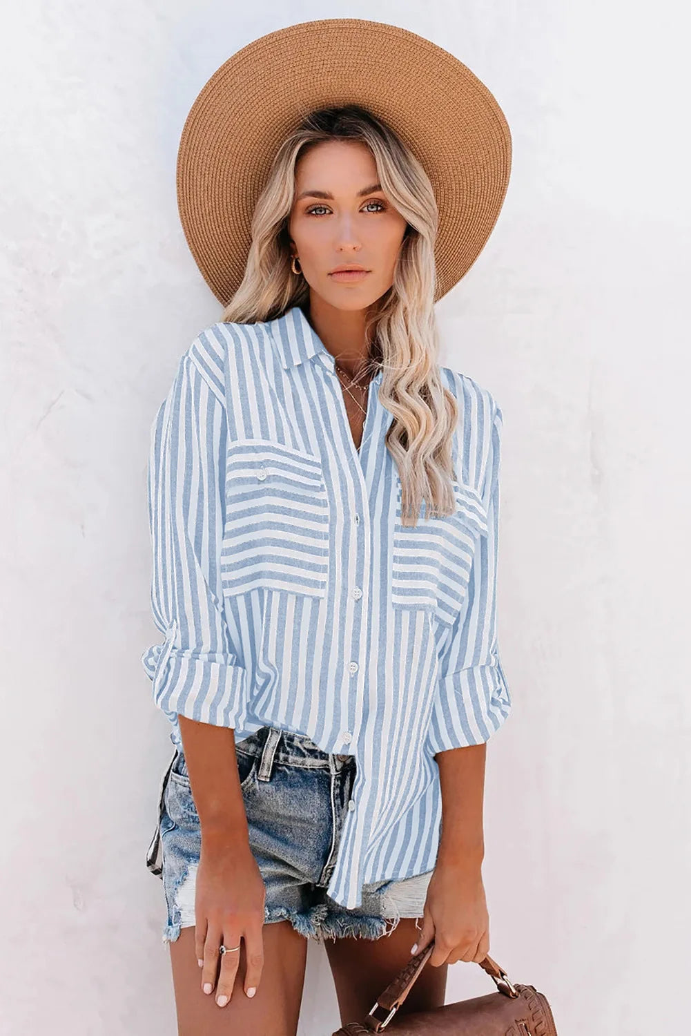 Striped Button-Front Blouse with Chest Pockets