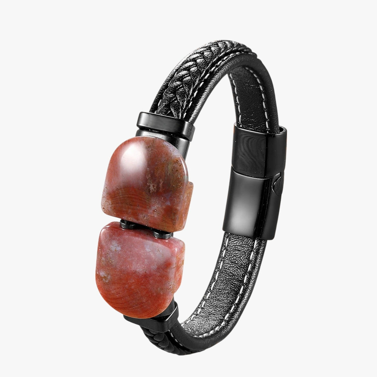 Armband van natuursteen en leer met kralendetail