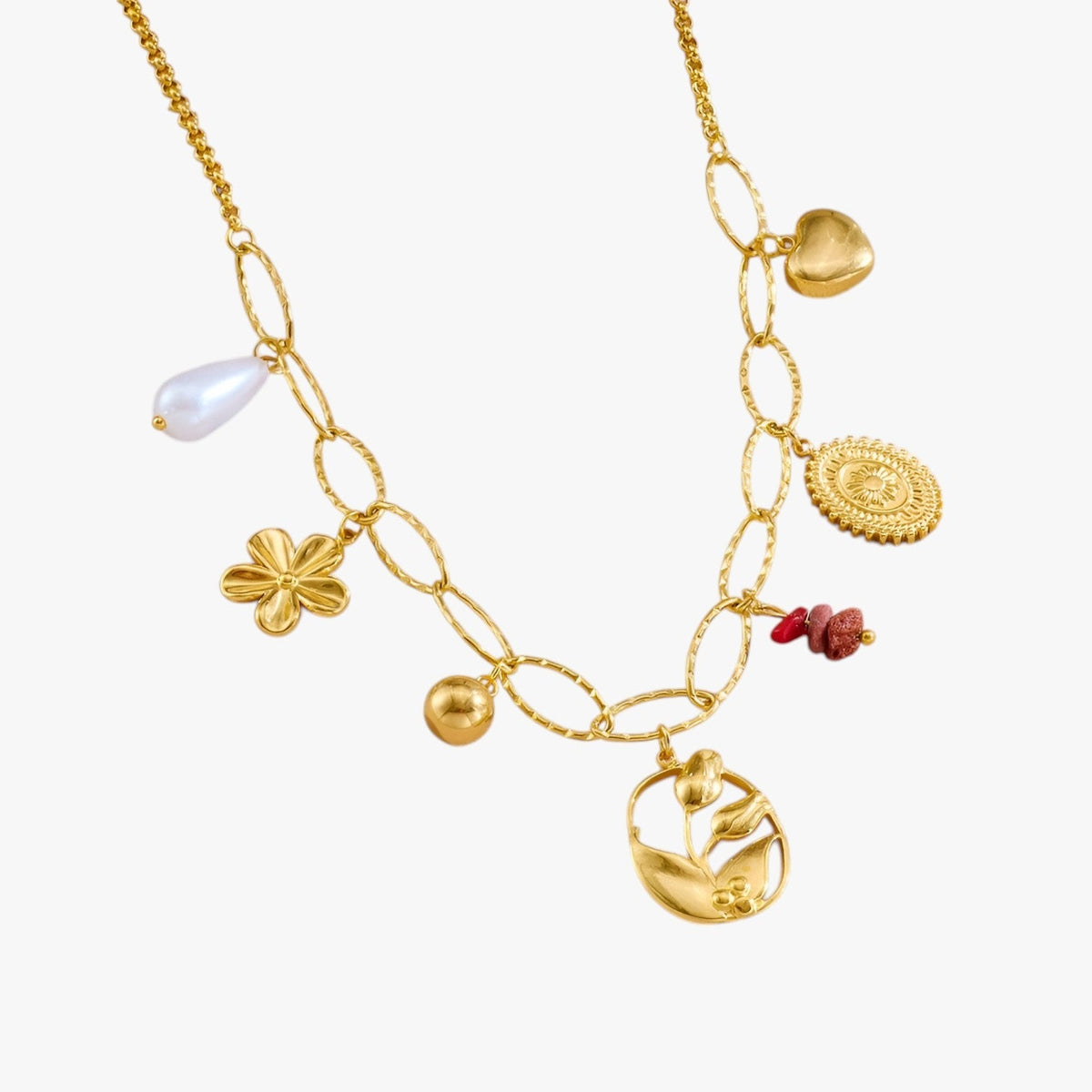 Ketting met hart-, tulp- en parelhangers