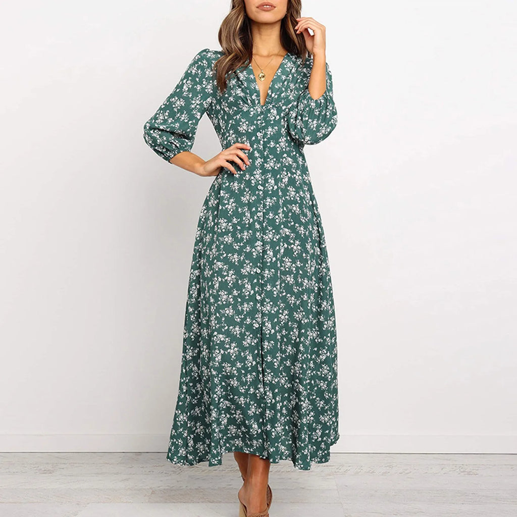 All-Over Floral Print Long Sleeve Maxi Dress