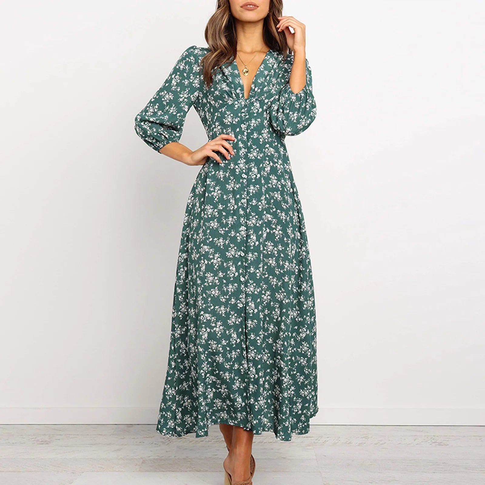 All-Over Floral Print Long Sleeve Maxi Dress