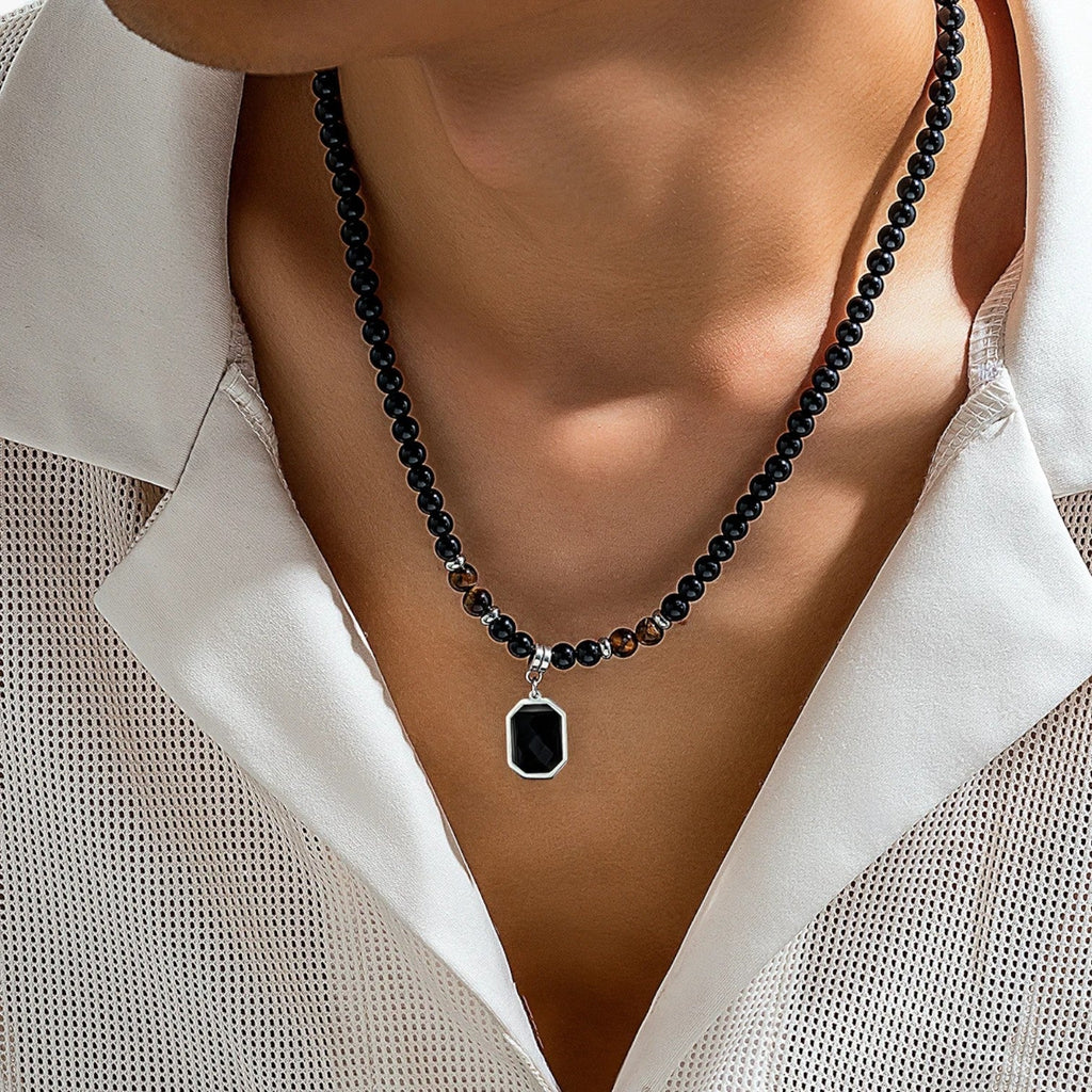 Black Beaded Necklace with Square Pendant