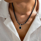 Black Beaded Necklace with Square Pendant