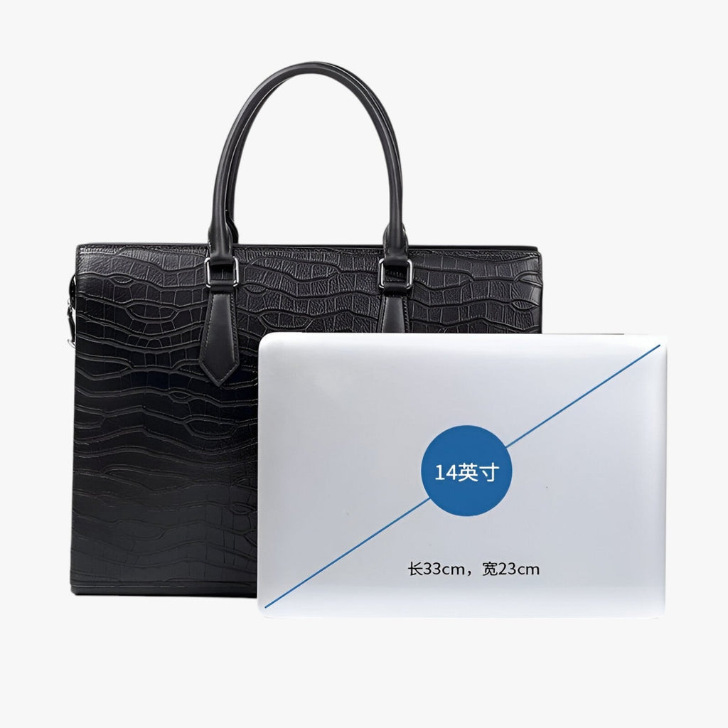 High-Capacity Black Leather Travel Bag with Laptop Compartment