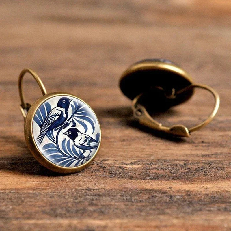 Glass-Covered Bird Art Earrings in Vintage Bronze Tone