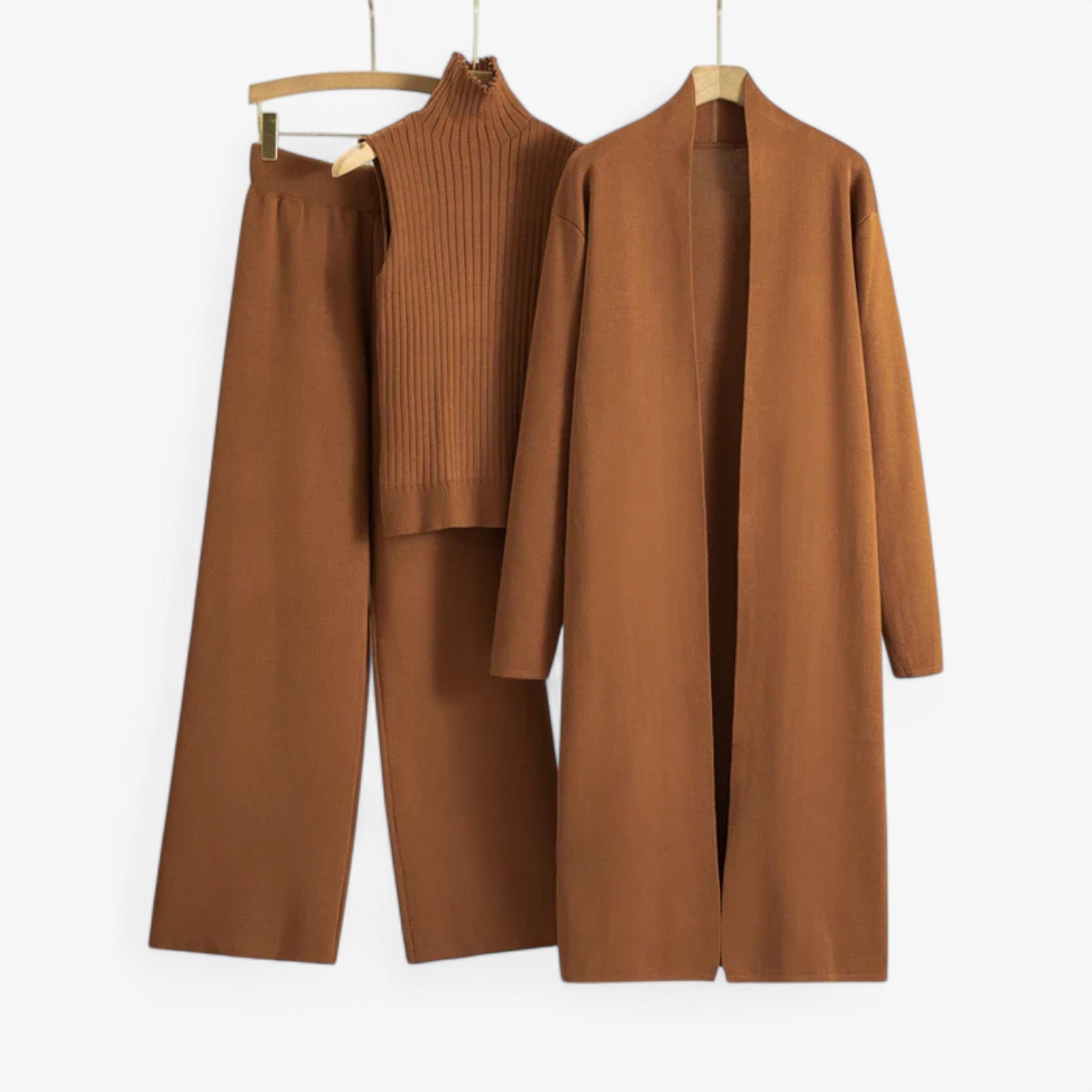 Three-Piece Knit Set with Top, Cardigan and Matching Trousers