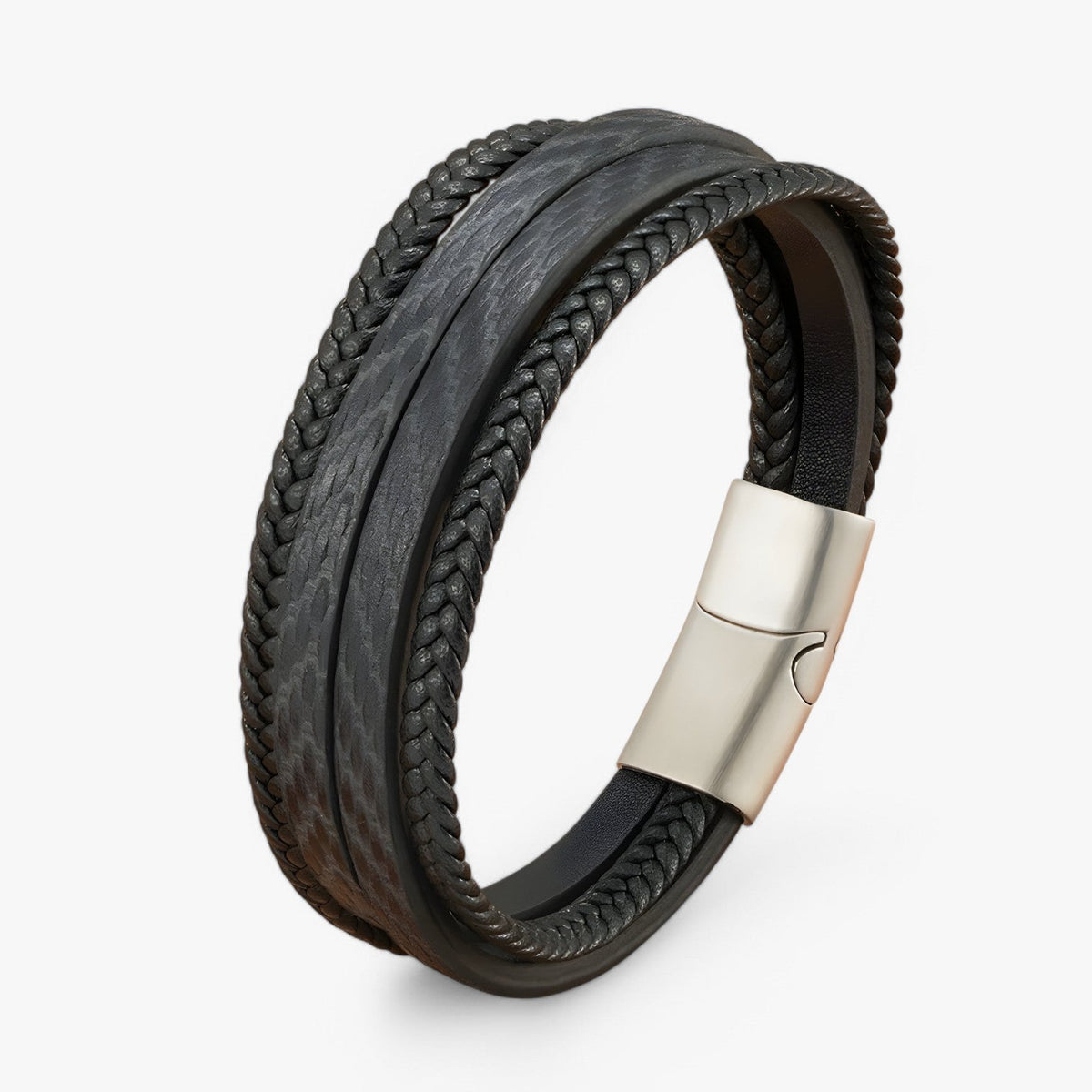Multi-Layer Braided Leather Bracelet with Magnetic Clasp