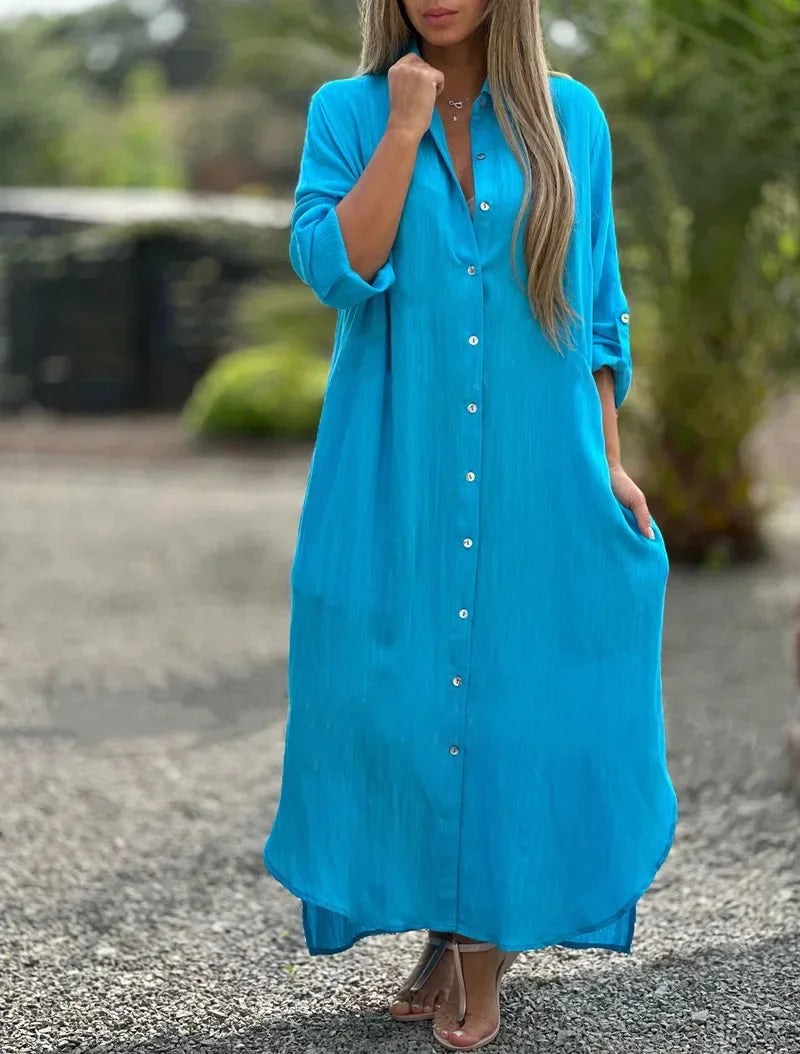 Button-Front Collared Long Sleeve Shirt Maxi Dress