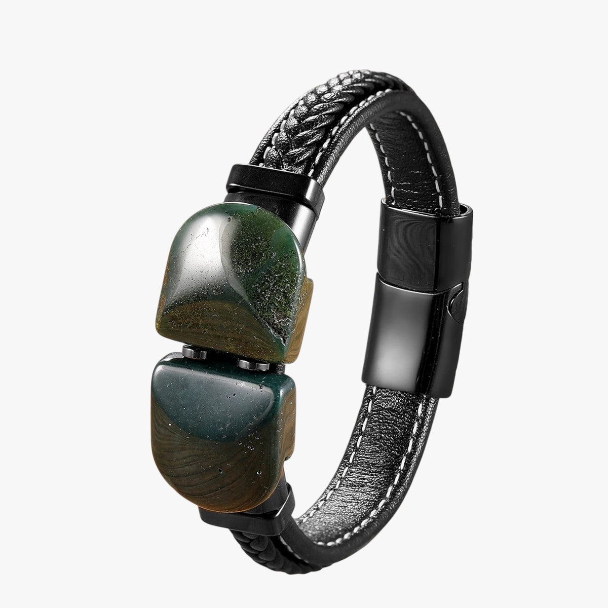 Armband van natuursteen en leer met kralendetail
