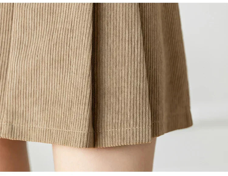 High-Waisted Pleated Corduroy Skirt with Matching Belt