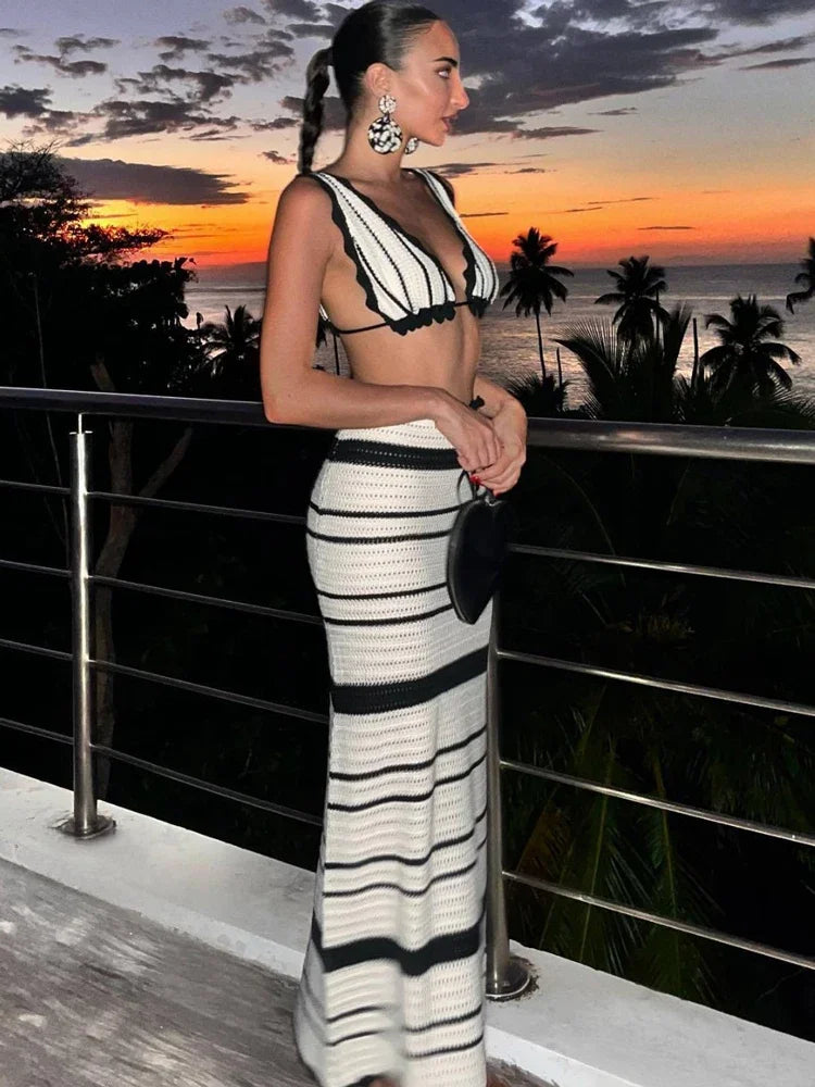 Knit Sleeveless Deep Neckline Fitted Maxi Dress
