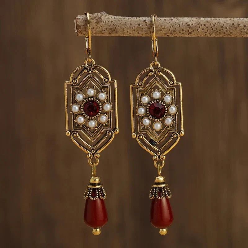 Art Deco Garnet-Look and Pearl Drop Earrings