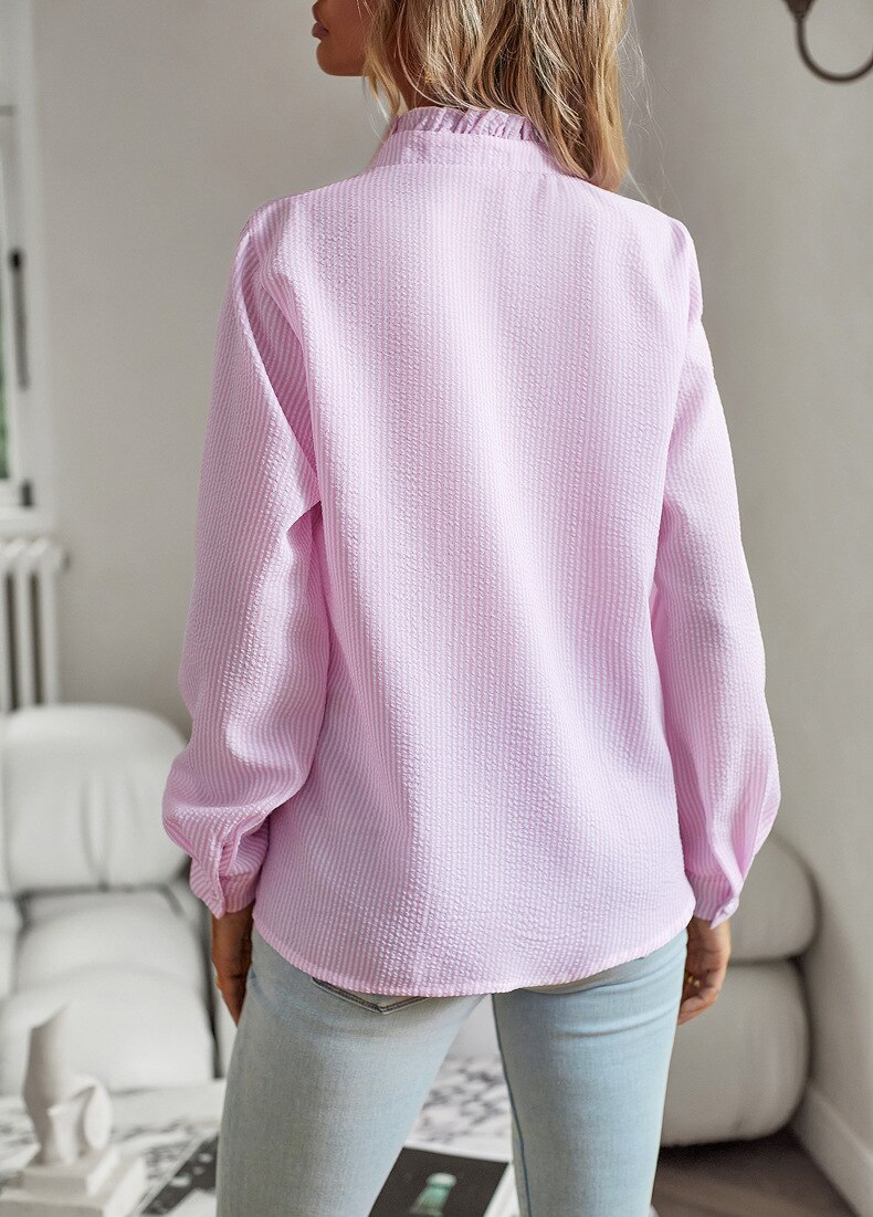 Long Sleeve Striped Blouse with Ruffle Trim