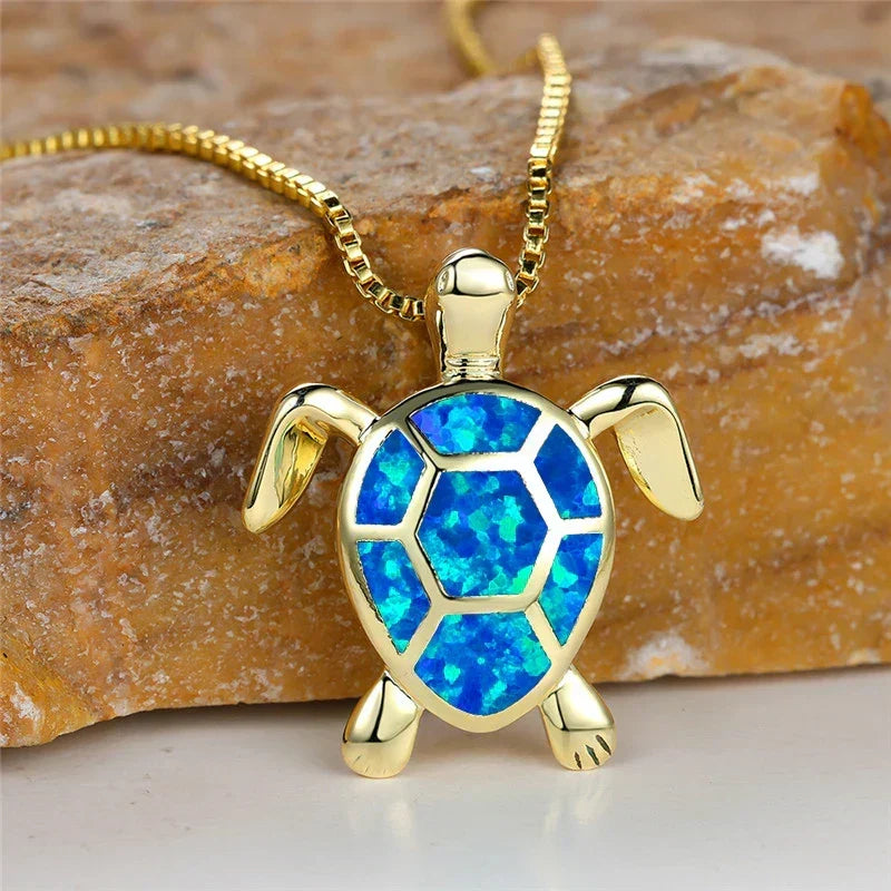 Vintage Fire Opal-Look Turtle Pendant Necklace