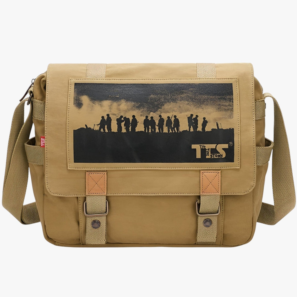Grote vintage canvas laptopschoudertas met binnenvakken