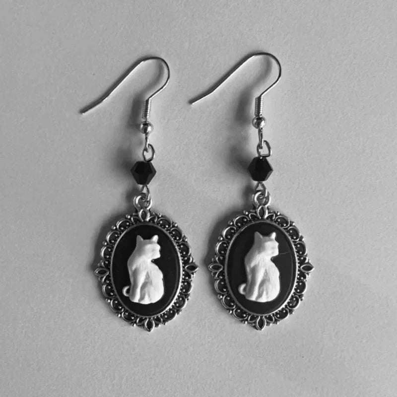 Vintage-Style White Cat Drop Earrings with Silver-Tone Frame