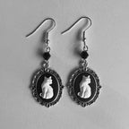 Vintage-Style White Cat Drop Earrings with Silver-Tone Frame