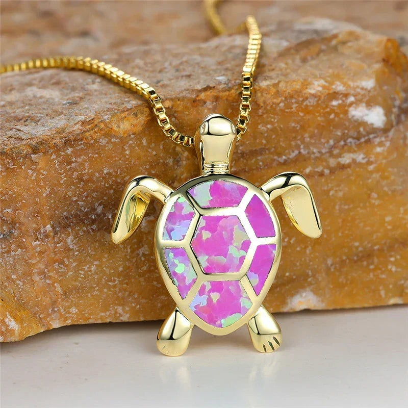 Vintage Fire Opal-Look Turtle Pendant Necklace