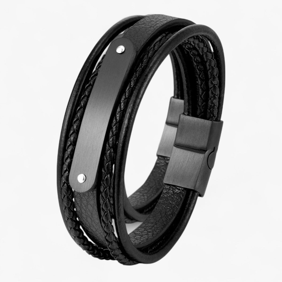 Leather Bracelet with Engraved Stainless Steel Plate