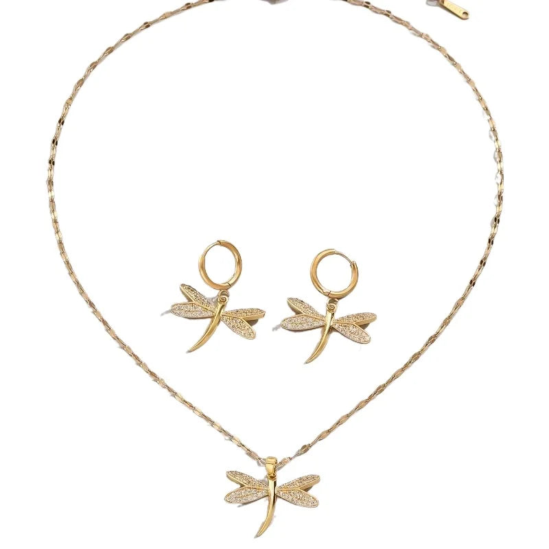 Goudkleurige set met libelketting en oorbellen