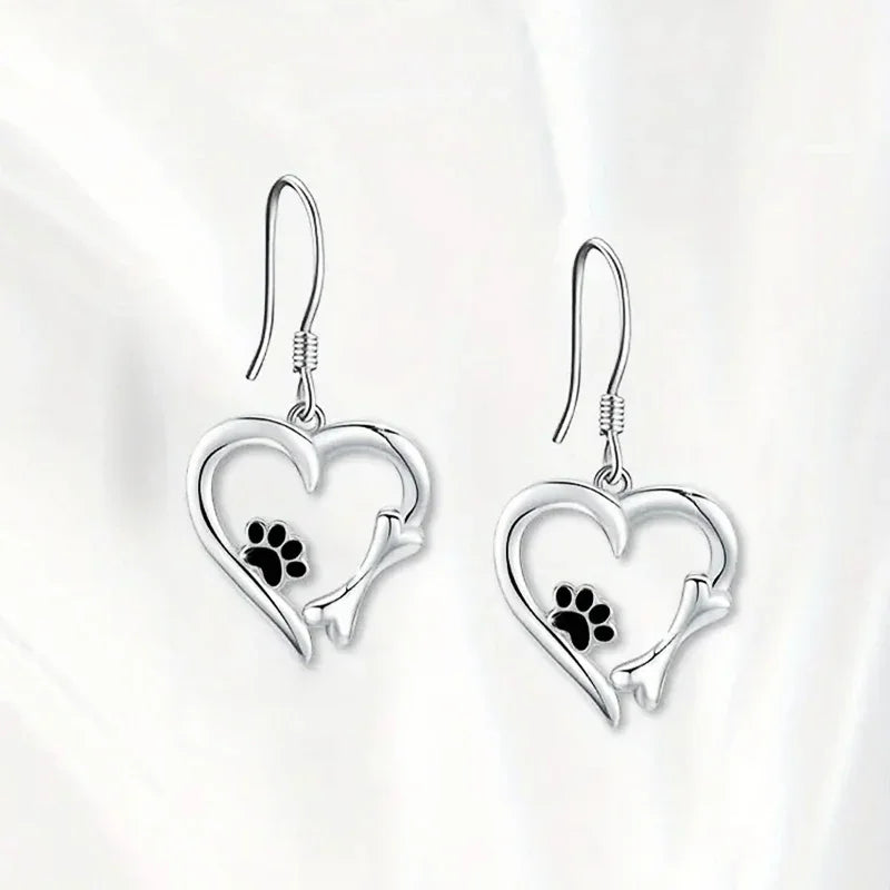 Silver-Tone Heart and Paw Pendant Earrings