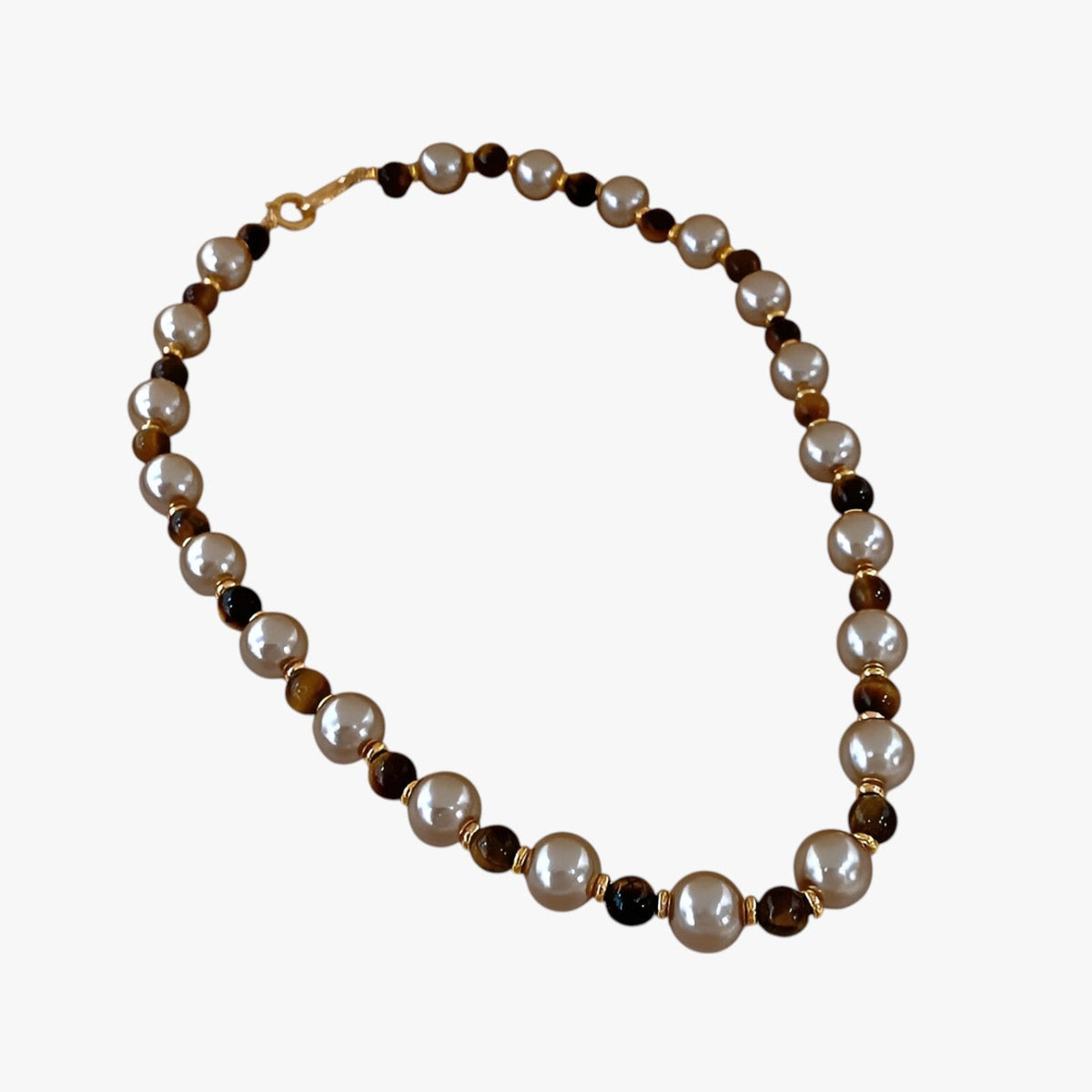 Tiger's Eye and Champagne Pearl Necklace, Gold-Tone