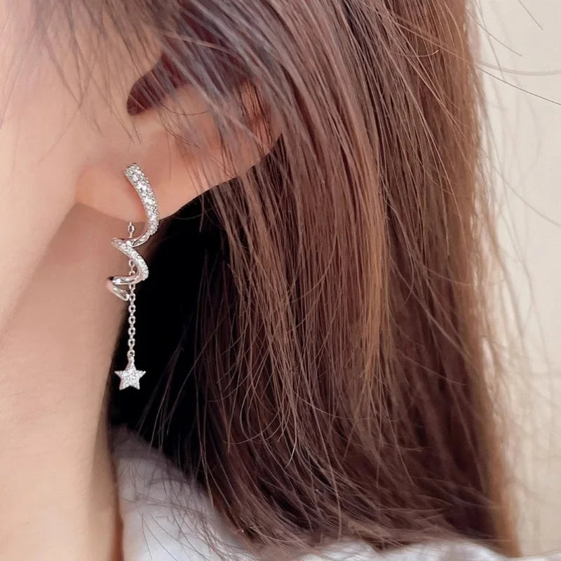 Silver-Tone Star Zirconia Dangle Earrings