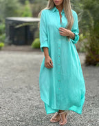 Button-Front Collared Long Sleeve Shirt Maxi Dress