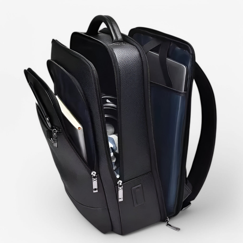 Genuine Leather Commuter Backpack with USB Charging Port