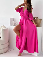 Cold Shoulder Wrap Front V-Neck Maxi Dress