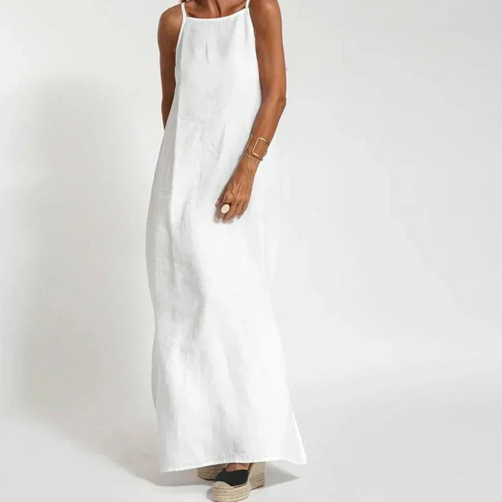 Linen Sleeveless Strappy Side-Slit Maxi Dress