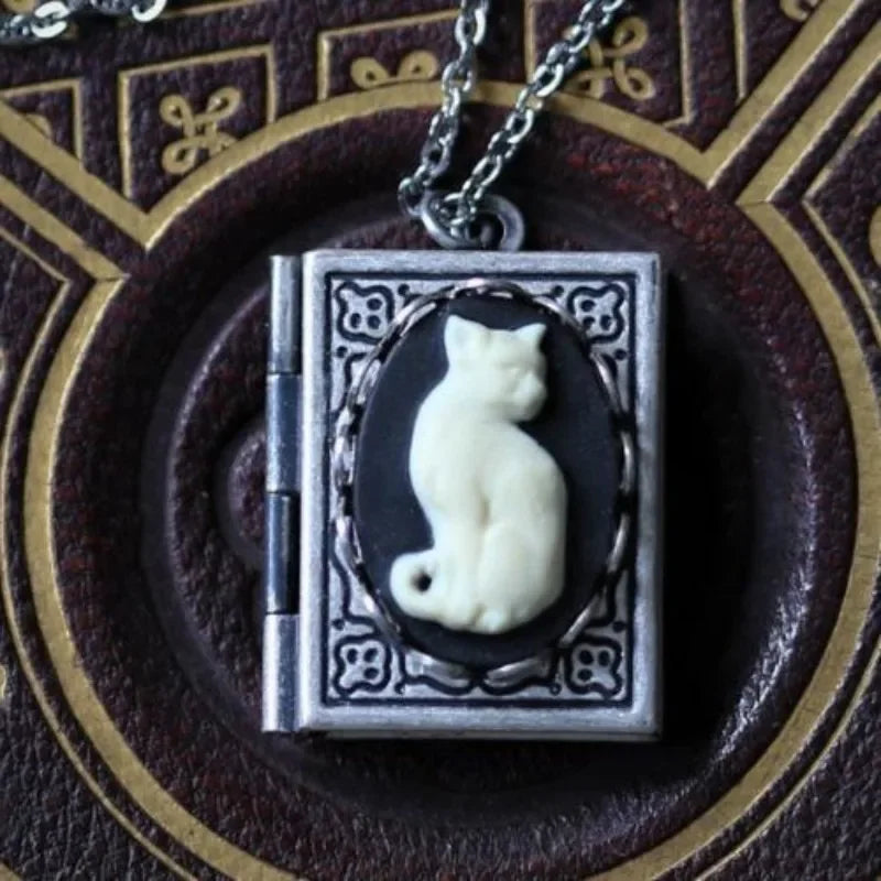 Vintage Cat Book Pendant Necklace with Rotating Page