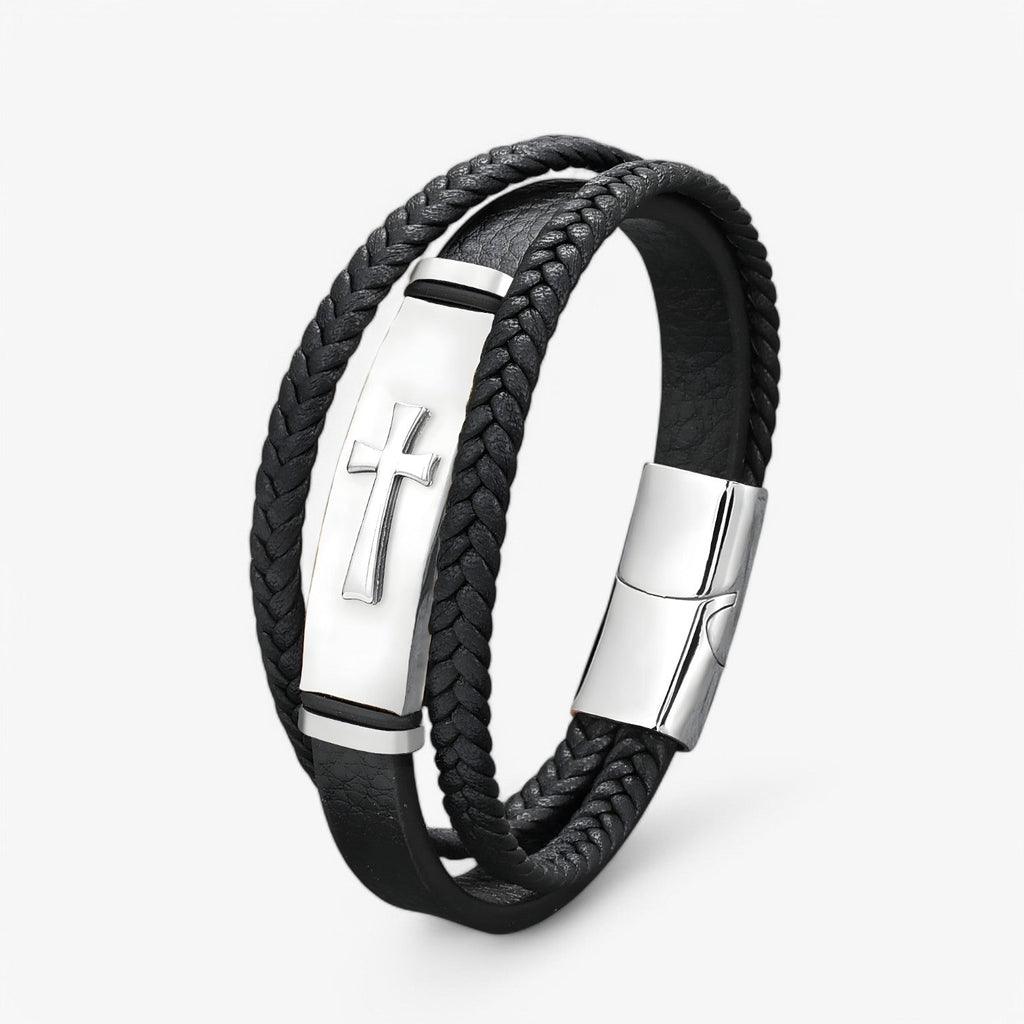 Geweven leren armband met kruisdetail, zwart en goud