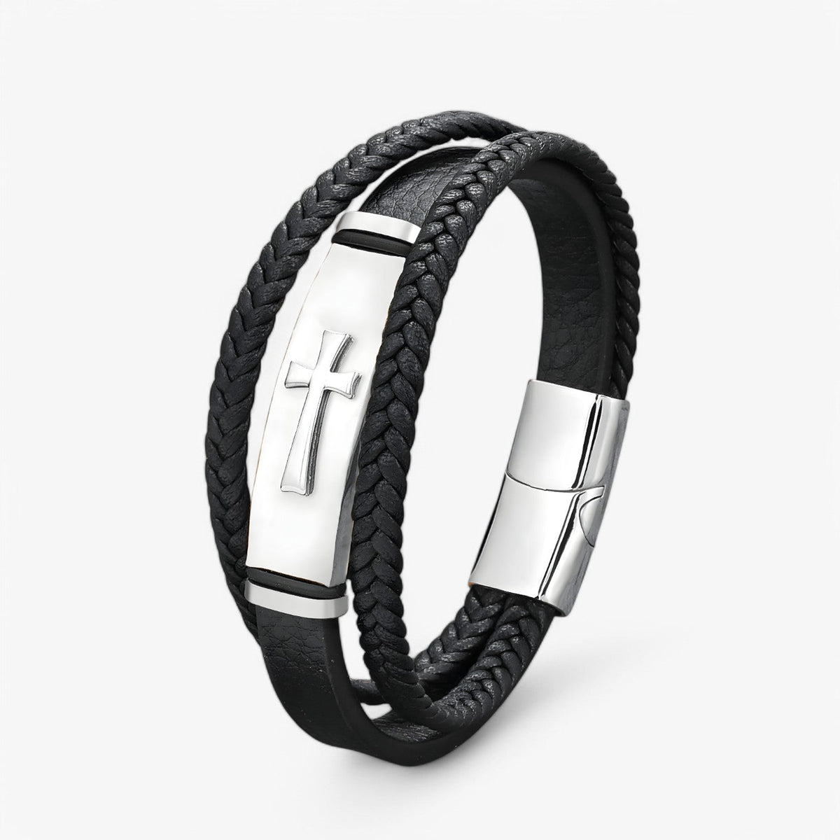 Geweven leren armband met kruisdetail, zwart en goud
