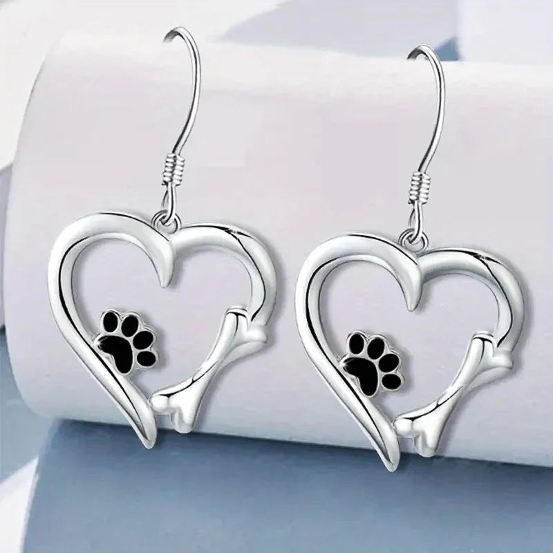 Silver-Tone Heart and Paw Pendant Earrings