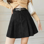 High-Waisted Pleated Corduroy Skirt with Matching Belt
