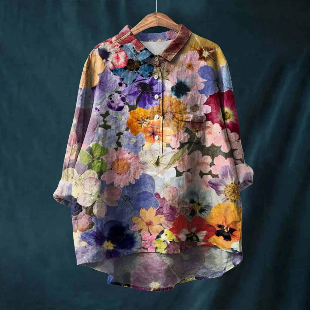 Floral Print Button-Down Blouse with High-Low Hem