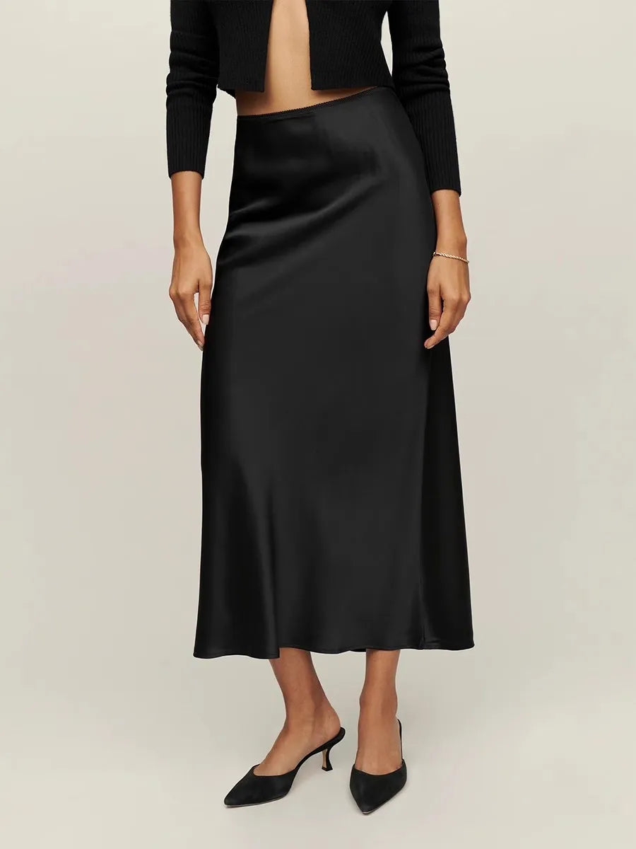 Satin A-Line Midi Skirt with Silky Sheen