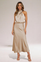 Draped Halter Neck Sleeveless Blouson Maxi Dress