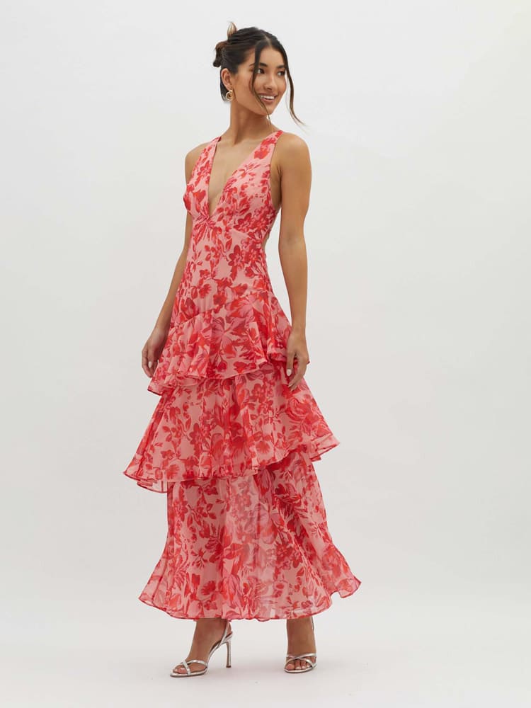 Floral Sleeveless Deep V-Neck Tiered Maxi Dress