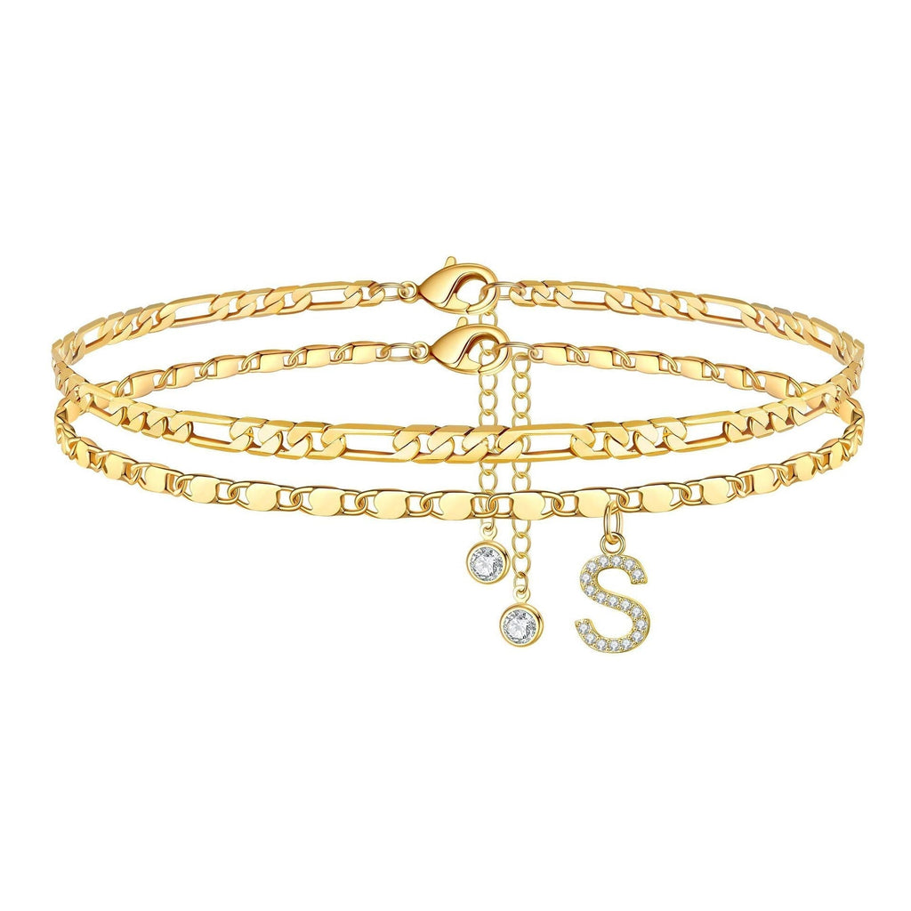 Two-Piece Initial Anklet Set with Diamond-Look Letter Charm