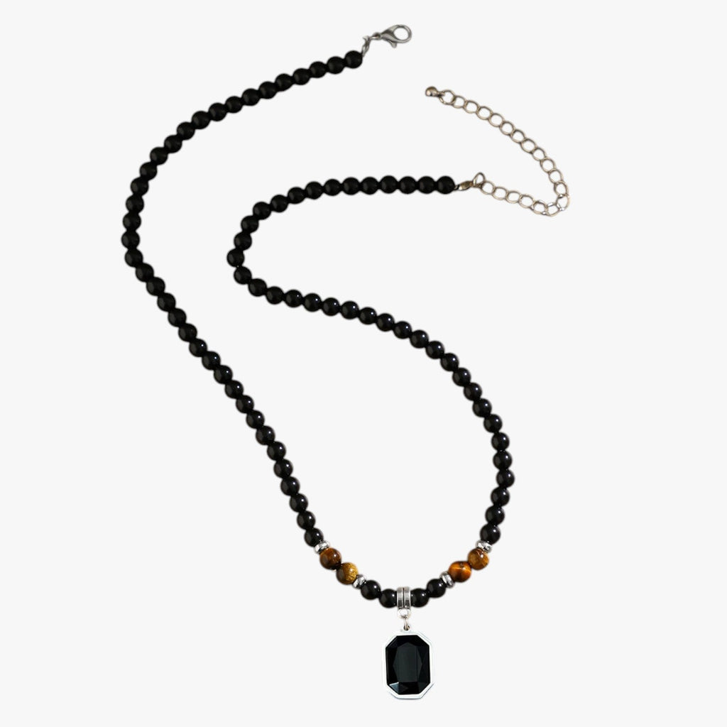 Black Beaded Necklace with Square Pendant