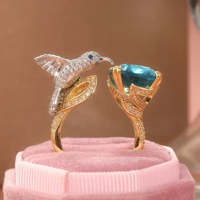 Adjustable 14K Gold-Plated Hummingbird Ring with Aquamarine-Colour Stone