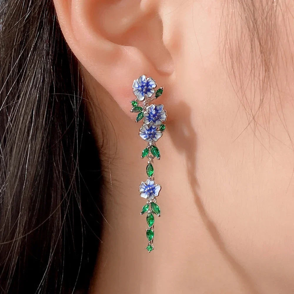Trumpet Flower Drop Earrings with Sapphire-Blue Accents