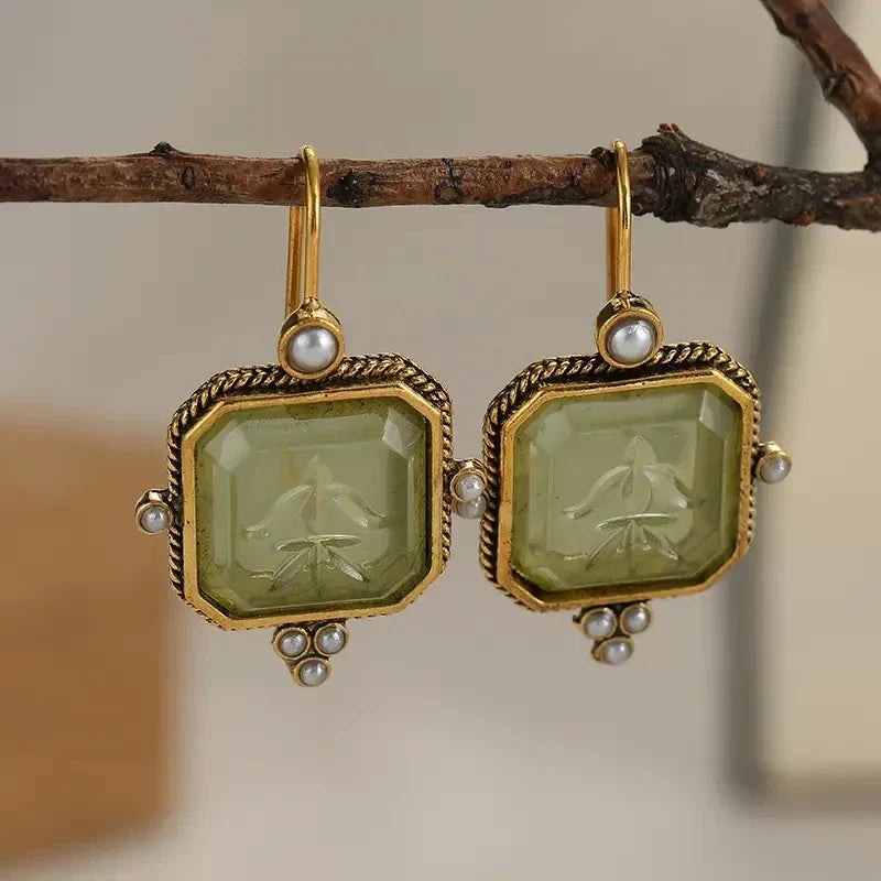 Vintage-Style Geometric Pearl Pendant Drop Earrings